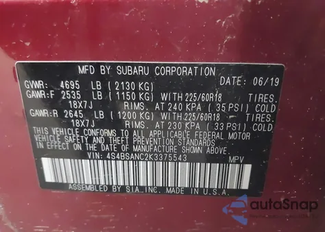 2019 Subaru Outback 2.5I Limited z USA, uszkodzony, nr VIN 4S4BSANC2K3375543